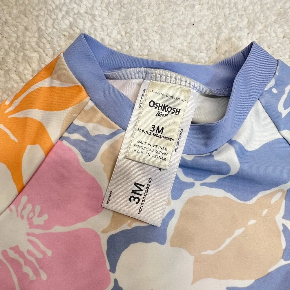 OshKosh Girl 3 Piece Swimsuit Aloha Flower Rash Guard Pink/Blue/Multicolor Sz 3M